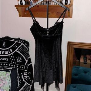 Black Velvet Spaghetti Strap Dress w/ lace & cross detail! NWT!